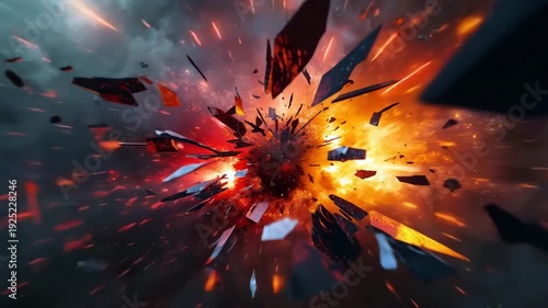 Abstract explosion of colorful shards and glowing fragments bursting outward with dynamic motion and intense light effects