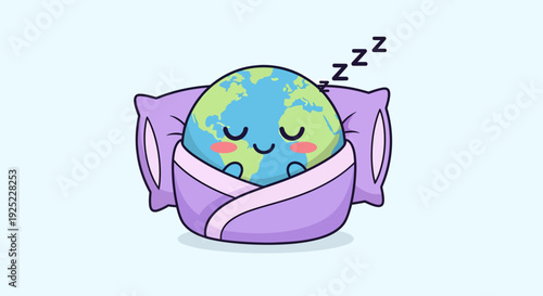 Adorable planet Earth character sleeping peacefully on a soft pillow with blanket in flat vector style.