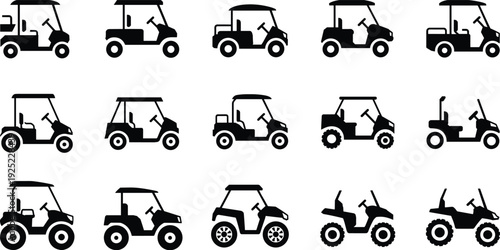 Golf cart silhouette collection with multiple electric buggy designs isolated on white background black vector icons set for transportation and vehicle illustration
