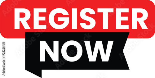 A clean, direct call to action featuring a classic red rounded 'REGISTER' button above a sleek black ribbon displaying 'NOW,' creating a strong prompt for engagement.