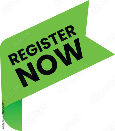 A fresh, dynamic call to action presented as a vibrant green angled banner displaying 'REGISTER NOW' in bold black lettering, prompting immediate sign-up.