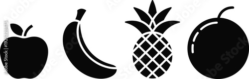Fruit silhouette icon set with apple, banana, pineapple and orange, black vector illustration isolated for healthy food design and nutrition graphics