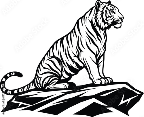 Tiger, sitting, on, rock, silhouette, vector, illustration, wild, animal, predator, feline, jungle, wildlife, graphic, design, nature, bengal, safari, flavector, art
