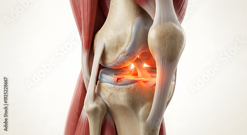 Human knee joint anatomy 3D illustration showing anterior cruciate ligament ACL tear injury with glowing inflammation for orthopedic medical education and sports medicine