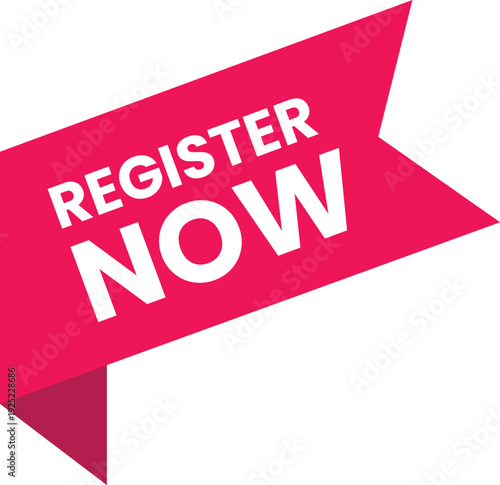 This eye-catching fuchsia-pink ribbon banner, dynamically angled and folded, prominently displays the crucial "REGISTER NOW" call to action, encouraging immediate user participation.