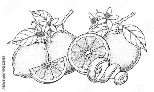 Detailed hand drawn botanical illustration of fresh citrus fruits with blossoms, leaves, and cut slices, ideal for food packaging, natural product labels, or cookbook designs.