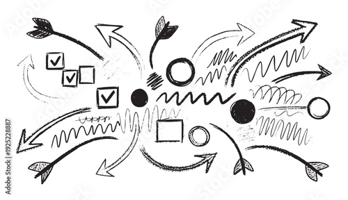 Dynamic set of hand drawn arrows checkmarks circles and wavy lines depicting process flow and decision making suitable for business presentations or educational infographics