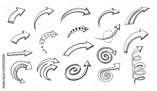 A collection of various hand drawn sketch arrows with diverse shapes and directions, perfect for graphic resources, user interface navigation, or indicating progress