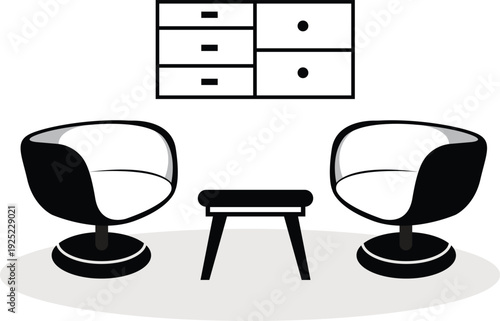 furniture logo, home furnishing design, room icon illustration, table, chair, lamp, frame, clock, flower pot