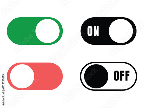 On and Off Toggle Switch Icon Set - Minimalist Green Red and Black Slider Buttons for User Interface Control and App Design Vector