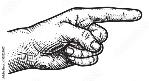 A black and white human hand with an index finger extended in a pointing gesture conveying direction, selection, or instruction, suitable for informational graphics, signage, or guidance