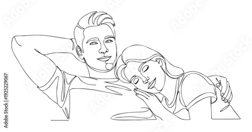 Continuous line drawing of a loving young adult couple sharing a tender moment, perfect for conveying emotions of love and connection in relationshipthemed visuals and romantic content.