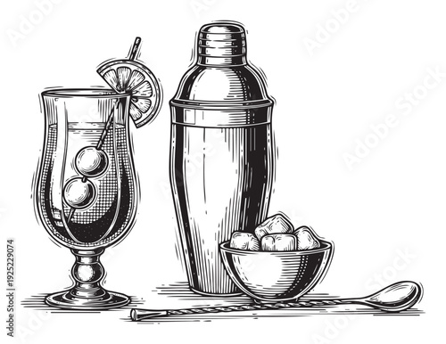 Garnished cocktail drink in a glass with a shaker, ice cubes, and bar spoon, suitable for beverage menus, recipe books, and promotional materials for bars or restaurants.