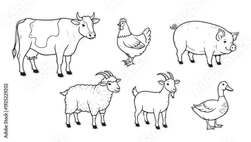 Collection of diverse farm animals presented in a simple black outline drawing style, perfect for childrens educational materials, animal recognition activities, or creative coloring books