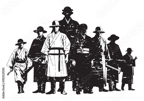Traditional Asian men wearing kimonostyle attire and widebrimmed hats standing together in a striking monochrome graphic design, ideal for cultural storytelling or event marketing materials
