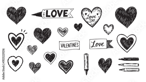 Hand drawn doodle heart shapes and Love Valentines text banners with drawing pens perfect for greeting holiday projects romantic celebration stationery or seasonal event decorations