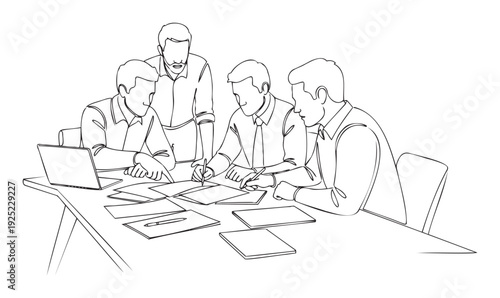 A group of business professionals collaborates around a table, reviewing documents and discussing strategies for a successful team meeting or project development.