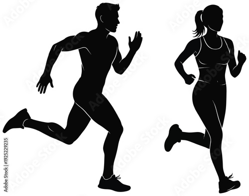 Silhouette Of man and woman running together for fitness and healthy lifestyle training.