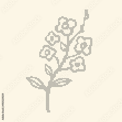 Cross stitch branch with flowers. Vintage lace floral element. Pixel art sakura for trendy ornate design. Mosaic vector plant