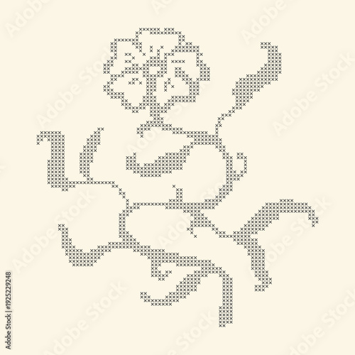 Cross stitch flower with wavy stem embroidery. Vintage lace floral element. Pixel art ivy with thorns for trendy ornate design. Mosaic vector plant