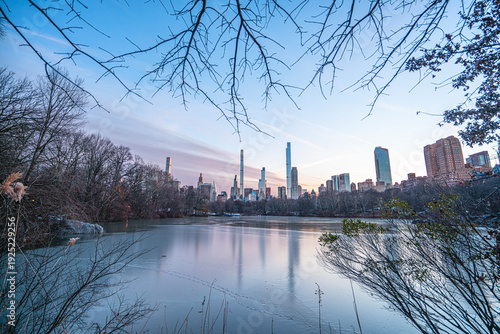 The scenic sunset views of the Central Park is an urban park between the Upper West Side and Upper East Side neighborhoods of Manhattan in New York City, and the first landscaped park in the US