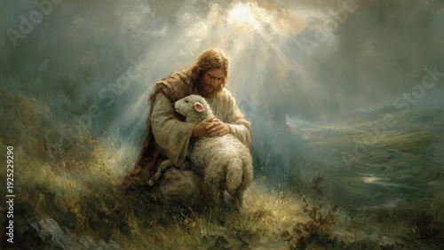 Christ Embracing the Lost Lamb on a Misty Hill at Dawn