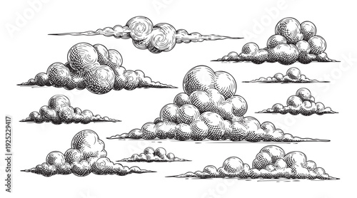 Hand drawn collection of stylized clouds in an intricate engraving style, perfect for adding a classic weather motif or atmospheric graphic to various print and digital projects.