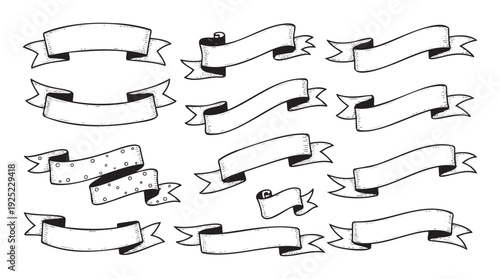 Collection of handdrawn vintage decorative ribbons with engraved texture, perfect for adding a classic graphical accent to invitations, certificates, labels, or promotional materials.