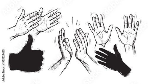 A collection of hand drawn human hands showing various gestures of applause, high five, and thumbs up, perfect for conveying positive feedback, achievement, or celebration in marketing