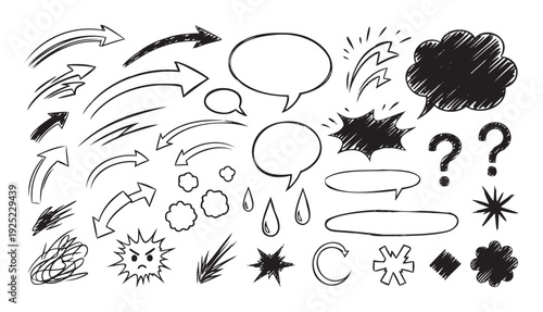 Versatile hand drawn sketch elements collection featuring various arrows, speech bubbles, expressive shapes, and question marks perfect for adding dynamic visual impact to graphic projects
