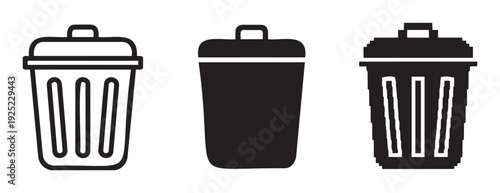 Collection of diverse trash bin icons for digital user interface applications, waste management awareness campaigns, and environmental resource recycling projects