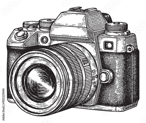 Classic film camera engraving perfect for photography enthusiasts, vintage themed projects, and merchandise printing requiring a unique graphic asset