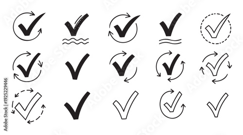 A diverse set of checkmark icons, some with encircling arrows or decorative lines, perfect for indicating approval, completion, success, and verification in web and mobile applications.