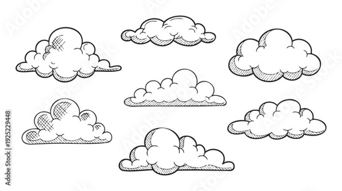 A set of hand drawn graphic clouds in a simple black and white sketch style, perfect for illustrating weather forecasts, environmental themes, or playful designs in various media