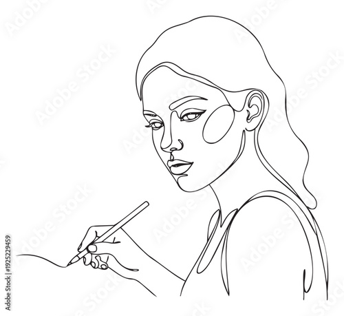Elegant continuous line drawing capturing a focused woman sketching or writing, ideal for expressing ingenuity, inspiration, and skill in various print and electronic media.