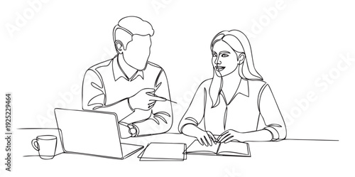 Continuous line drawing of two colleagues having a business discussion at a desk with a laptop and notebook, ideal for illustrating teamwork and professional collaboration.
