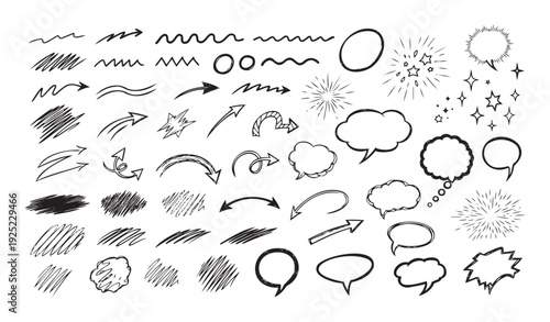 Extensive collection of handdrawn doodle elements featuring various arrow designs, expressive speech bubbles, starbursts, and scribbles for visual graphic projects.