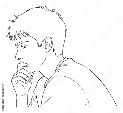 A contemplative Asian young man with a serious expression is deep in thought, touching his lips with his finger, useful for depicting problemsolving, introspection, or decisionmaking in