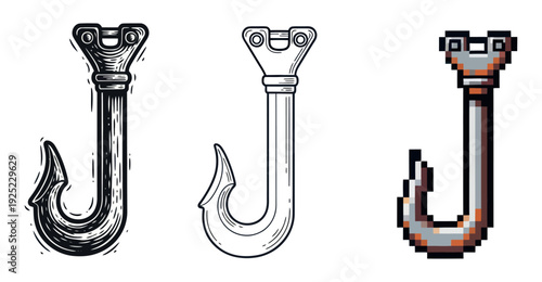 A versatile set of fishing hook designs showcasing diverse graphic styles from rustic textured and minimalist outline to classic pixel art, suitable for gaming and digital projects.