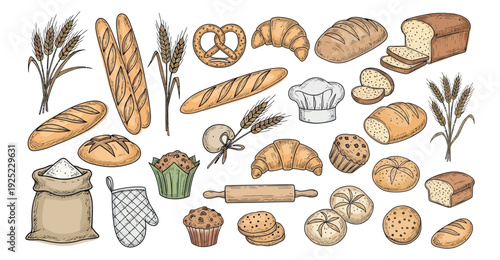A comprehensive collection of freshly baked bread, pastries, and baking ingredients for culinary blogs, restaurant menus, food packaging, and bakery advertisements