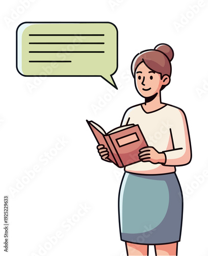 Smiling woman reading an open book and communicating information via a speech bubble, perfect for educational programs, presentations, and digital content
