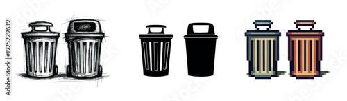 Compilation of urban waste bins and trash receptacles displayed in various graphic styles like sketchy drawing, bold silhouette, and pixelated image for environmental projects or game
