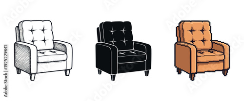 Armchair in three graphic styles hand drawn sketch, black silhouette, pixel art, for interior design and digital projects.