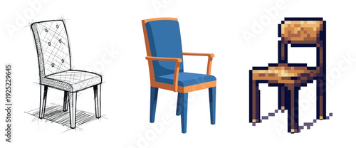 A selection of chairs showcasing diverse graphical styles with a hand drawn sketch, a modern flat color illustration, and a charming pixel art image for various creative uses.