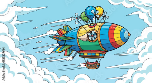 A vibrant, multicolored airship with hot air balloons and propellers soars through a bright blue sky filled with puffy white clouds, perfect for travel stories and adventure concepts.