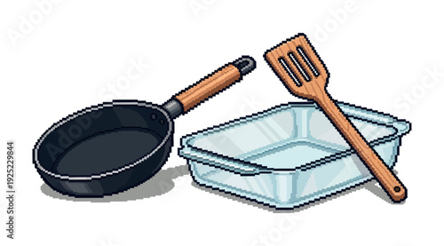 Essential kitchen cooking tools including a frying pan, glass baking dish, and wooden spatula for home cooks preparing meals or baking recipes.