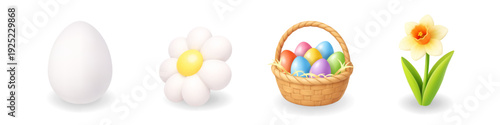 Easter 3D realistic icons. Egg, white daisy, basket with colored eggs and daffodil flower. 3D vector illustration ideal for seasonal templates and decor.