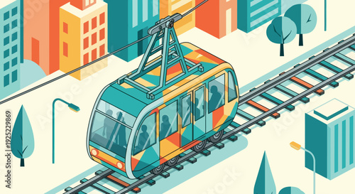 Modern city transportation scene featuring an isometric cable car carrying passengers on tracks amidst vibrant urban buildings and trees, ideal for public transit or urban development