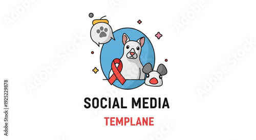 Social media template with dog and paw print bubble on blue circle background