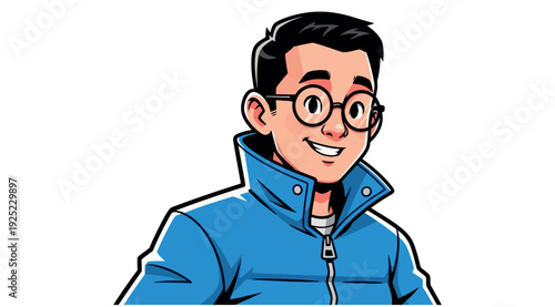 A friendly young Asian man wearing round glasses and a blue zipped jacket, smiling confidently, perfect for diverse social media profiles and modern digital content or educational materials.